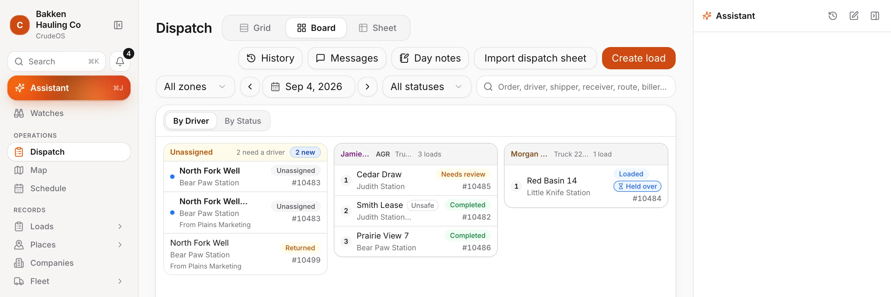 The CrudeOS Dispatch board: loads grouped by driver, with one column of loads that still need a driver.